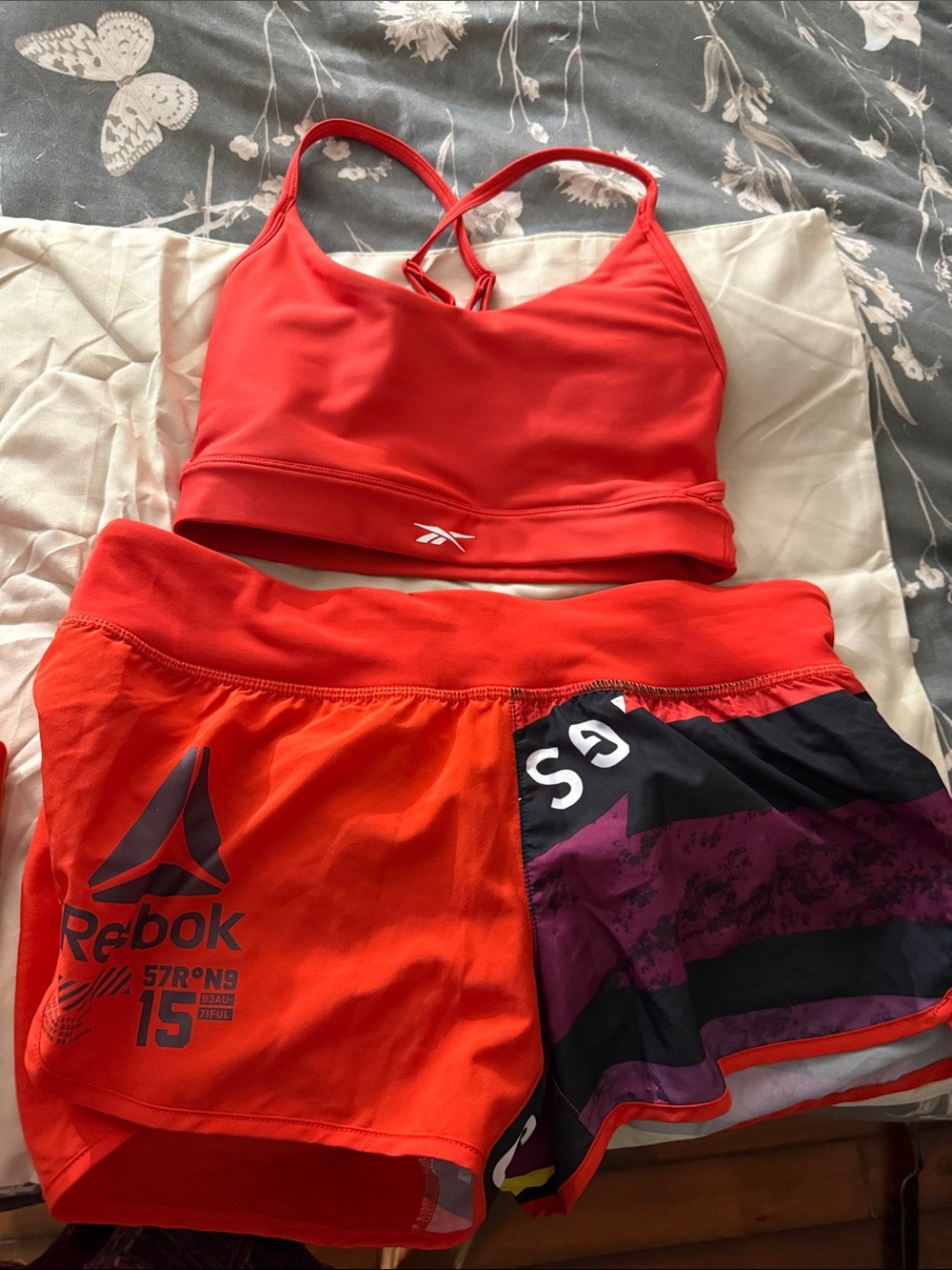 Reebok Red Crop Sports Bra and Red/Black Accent Athletic Shorts
